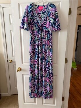 Lilly Pulitzer Navy Maxi Dress with Pink & Lavender Leaf Print
